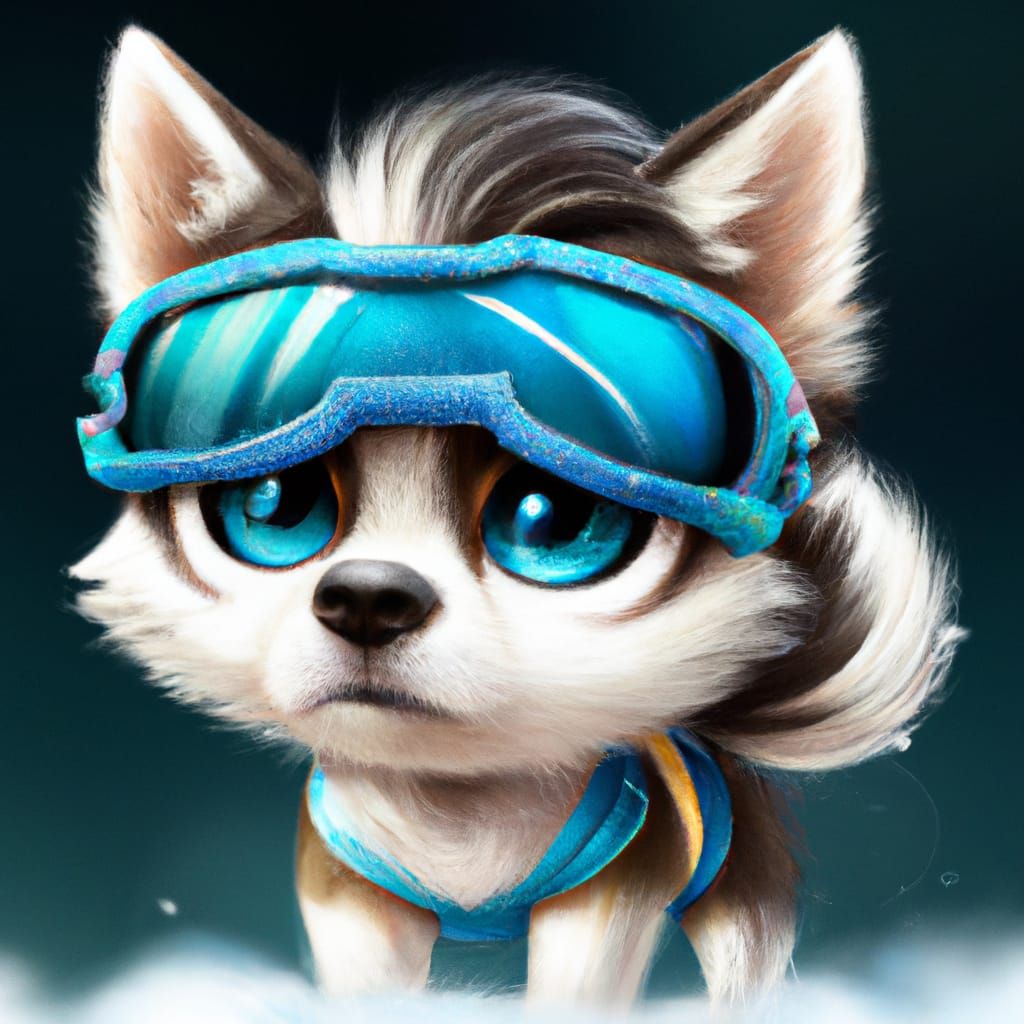 Adorable Chibi Husky with Ski Goggles, Digital Illustration