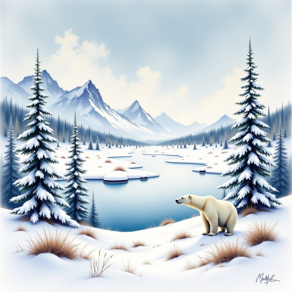 In Claude Monet style. Epic view of a snowy northern biome with a polar bear present. Watercolor. <lora:Watercolor worlds 3:1.0> 