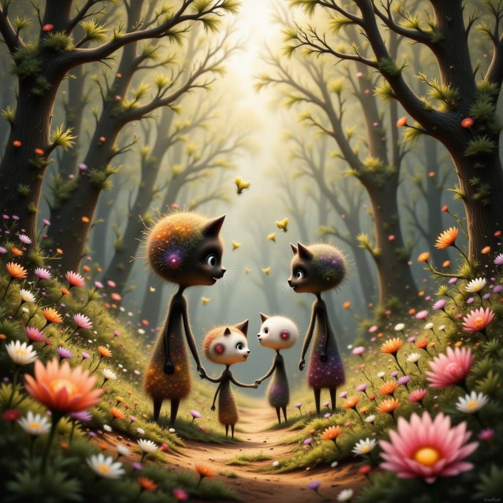 A family of cats out for a walk in the forest