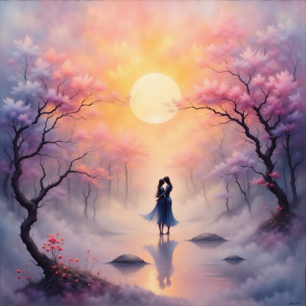 Romantisch: Zwei Silhouetten im Abendlicht, verschwommen wie durch Nebel oder Glas, mit sanften Pastelltönen.
<lora:FluxWispy:1.0> <lora:Sto...