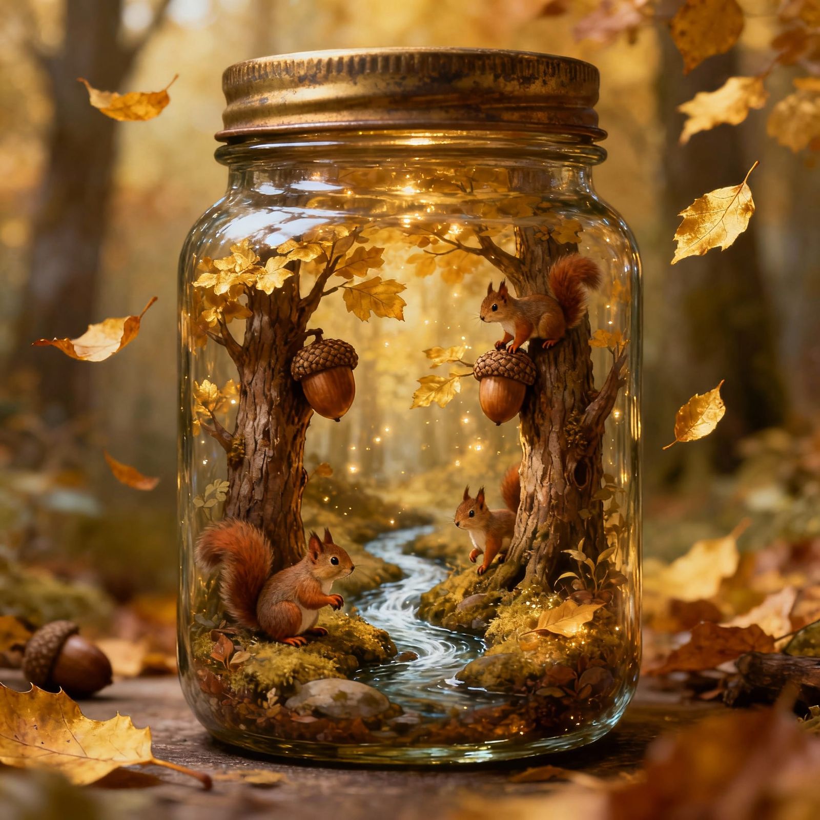 Within an antique glass jar, a meticulously crafted miniature forest flourishes. Tiny squirrels scamper ...  by @pig-and-sheep