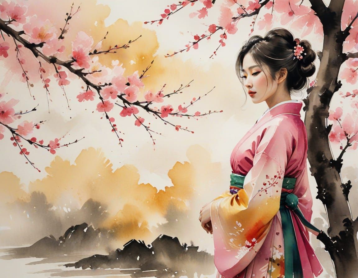 A serene portrait of a Korean woman beneath cherry blossoms at sunset, blending traditional beauty with the soft poetry of ink wash painting  by @MoonlitAura
