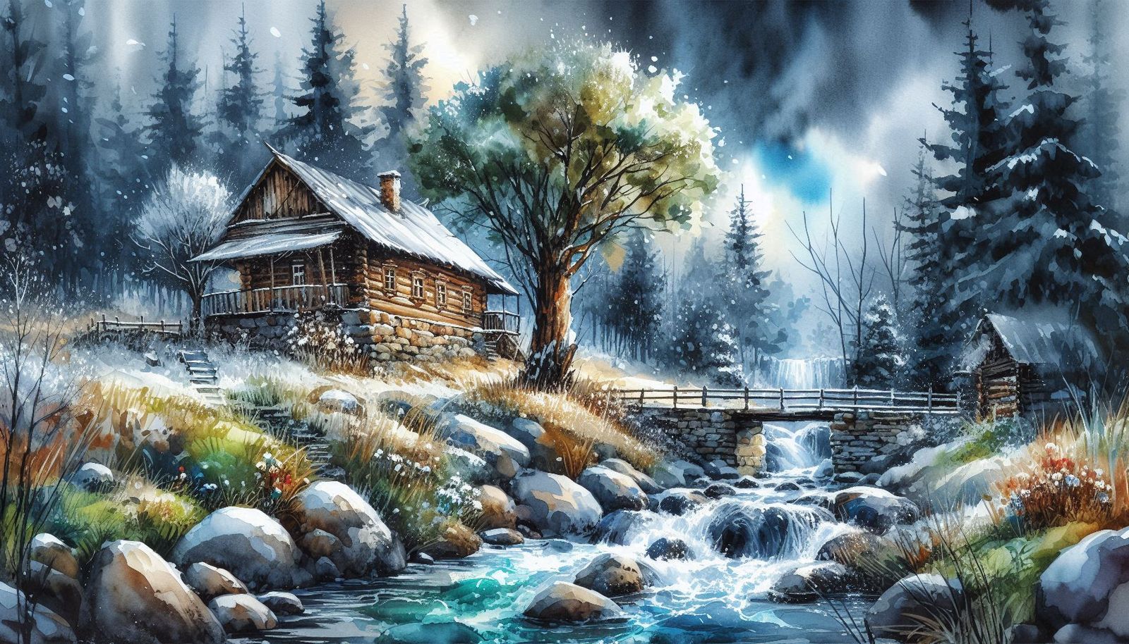 Tiny wooden house in winter