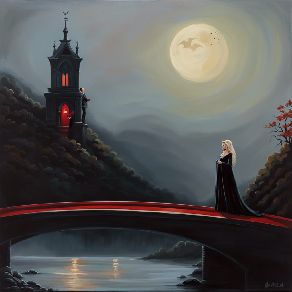 Alexa Bliss meets Dracula on a bridge at midnight.