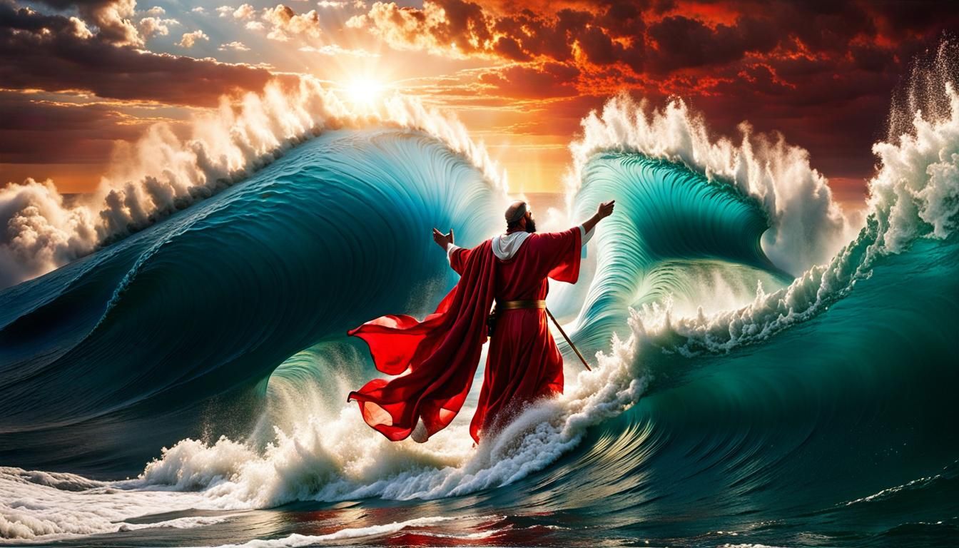 Moses parting the dense waves of the Red Sea, evoking a sense of divine ...