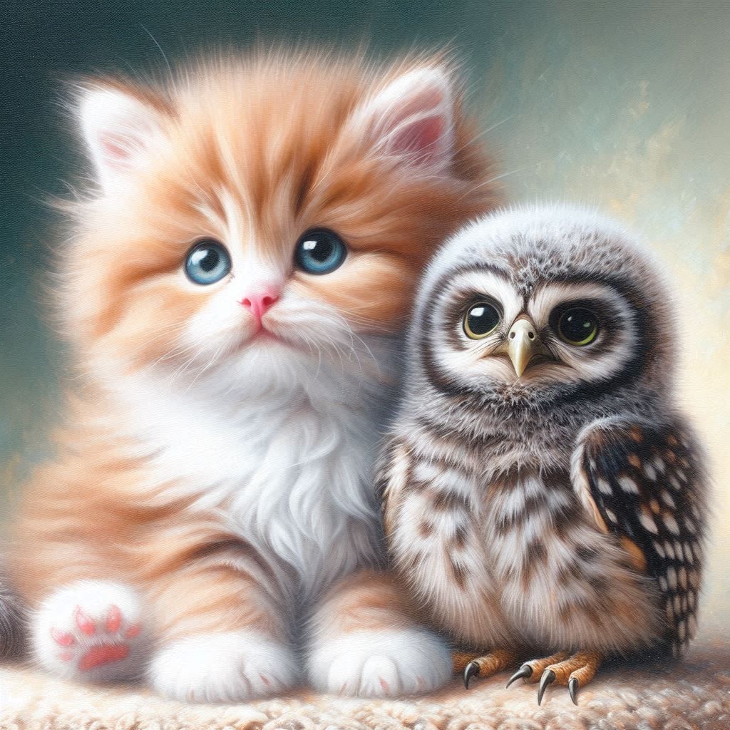 kitten and baby owl.