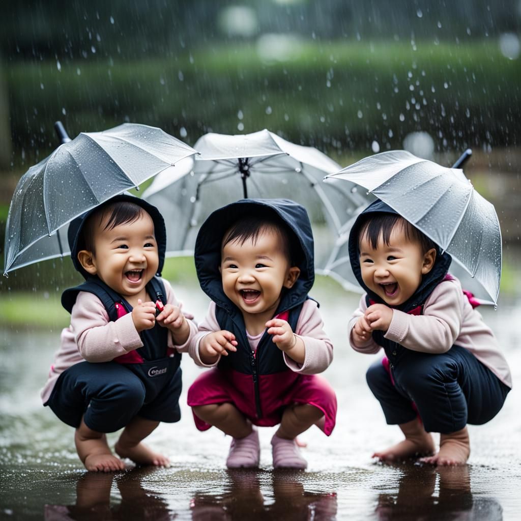 three babies playing in the rain   by @tuk_tuk