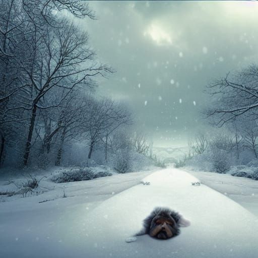Dog rolling in the deep winter snow