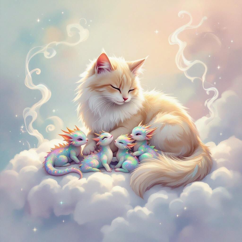 A whimsical scene of a mother cat gently grooming her litter of tiny, iridescent baby dragons on a cloud. Soft, pastel colors dominate the b...