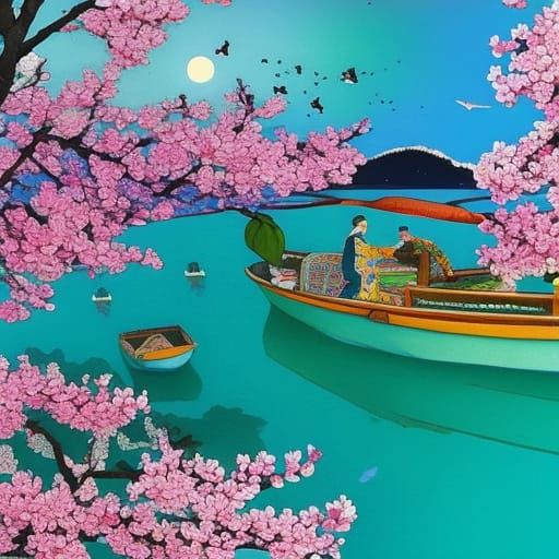 Japanese Cherry Blossom Mosaics in Ukiyo-e Style