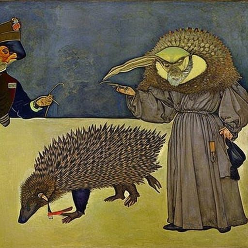 Giant hedgehog drinking tea with the huge and beautiful ghos...