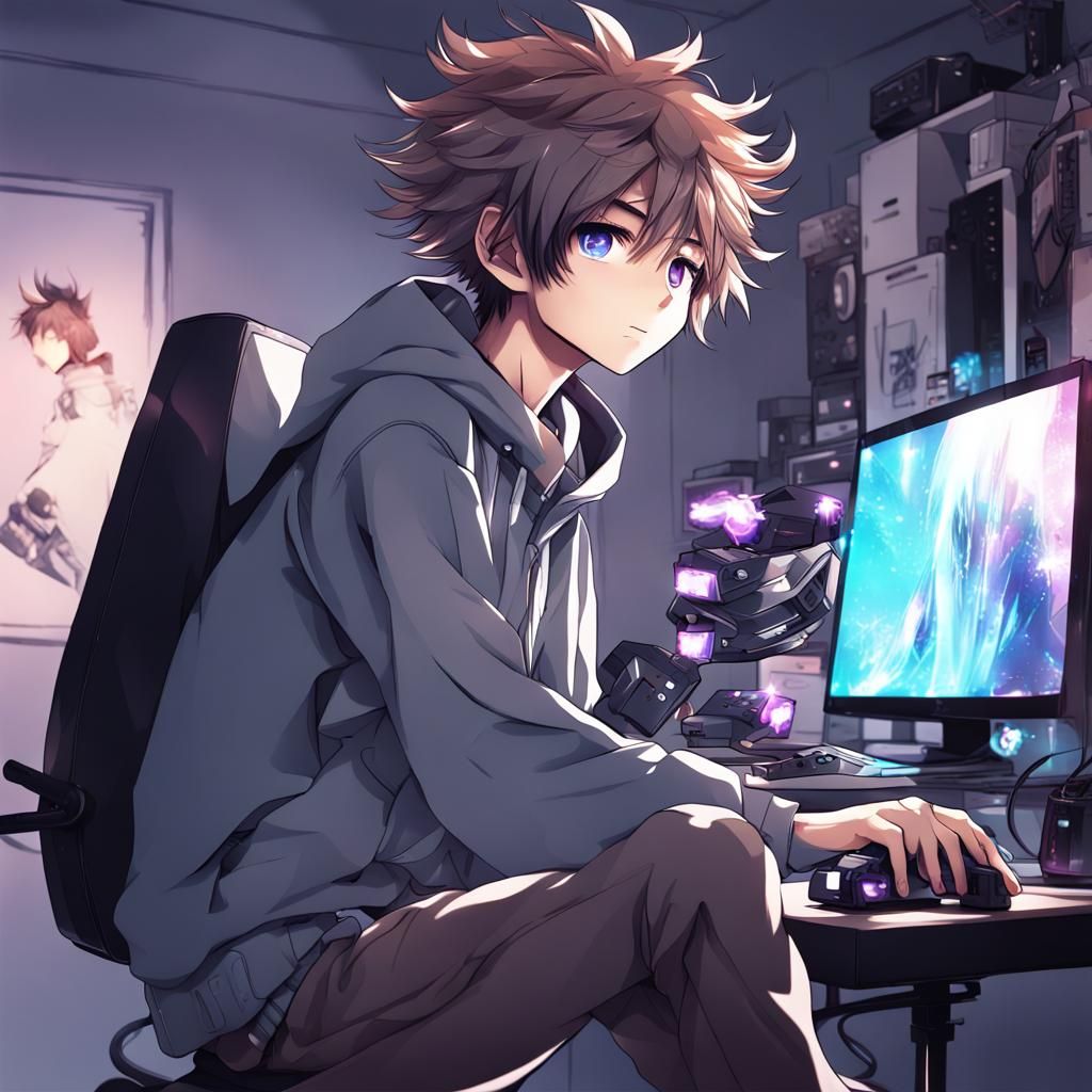skinny boy with led gaming setup and cool hair