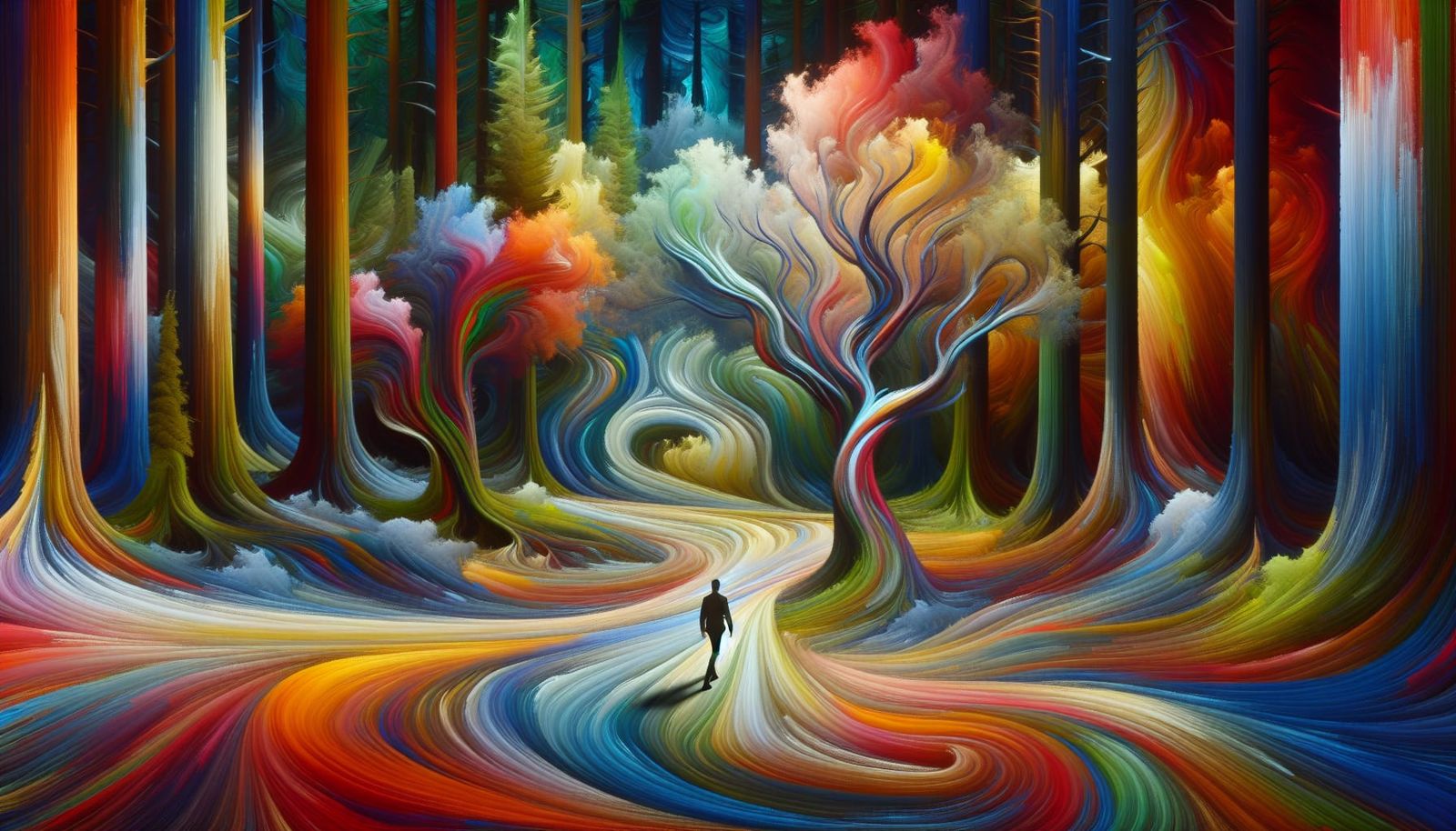 A surreal, dreamlike forest where the trees are made of swirling, colorful paint and the ground is a ...  by @Steveiam