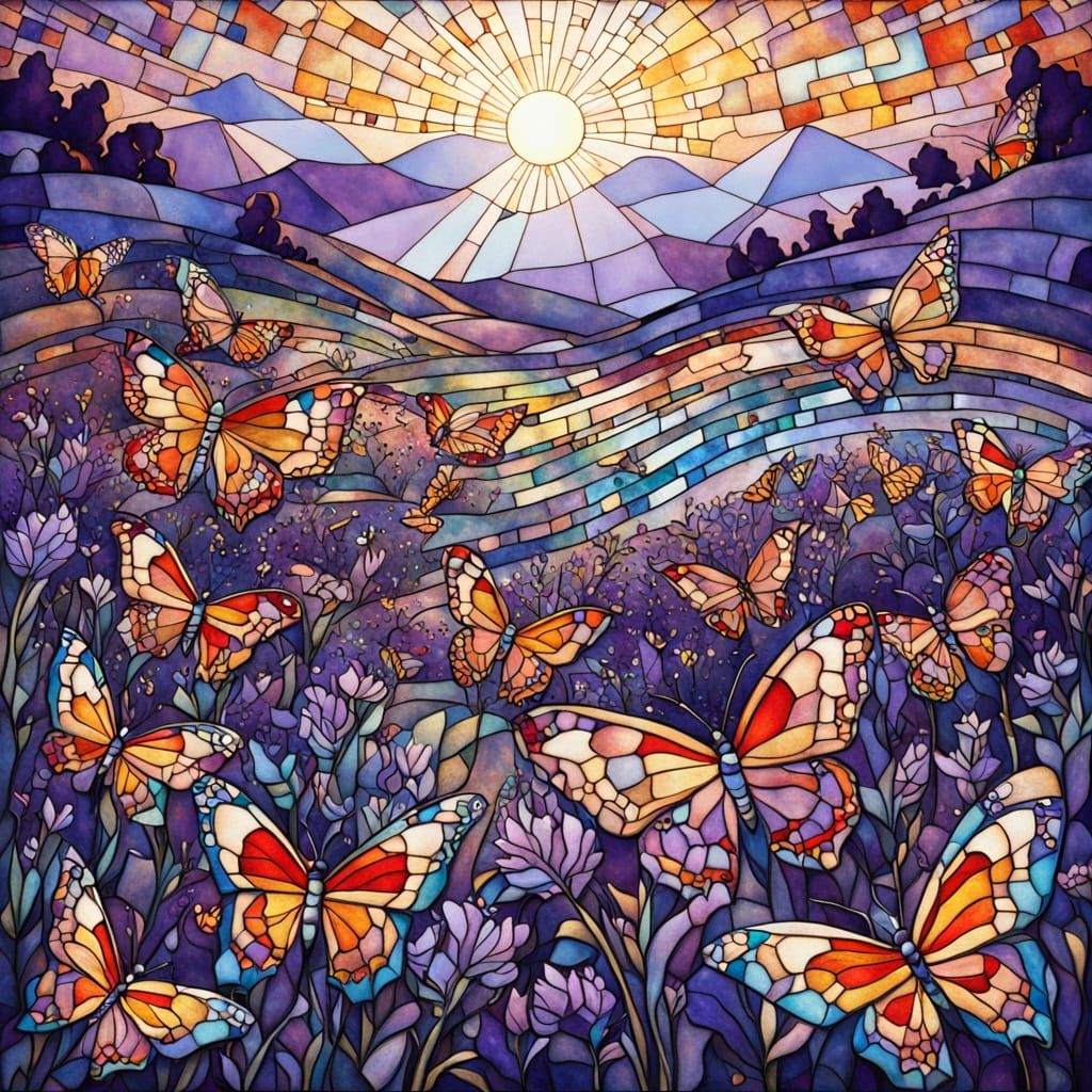 Stained glass butterflies over fields of lavender.   by @kjscosm 