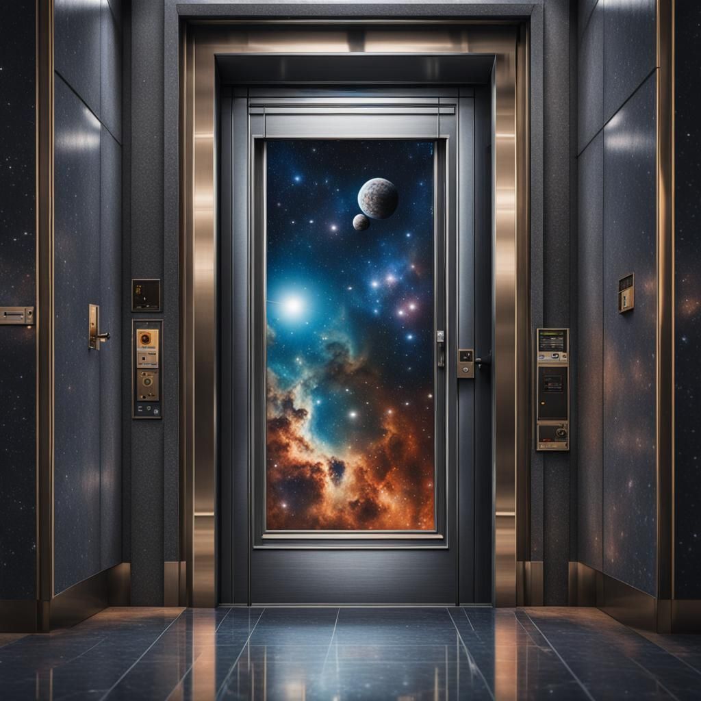 elevator door floating in the cosmos hyperdetailed hyperreal...