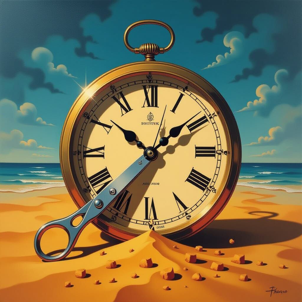 Surrealist Oil Painting: Scissors Cut Vintage Clock