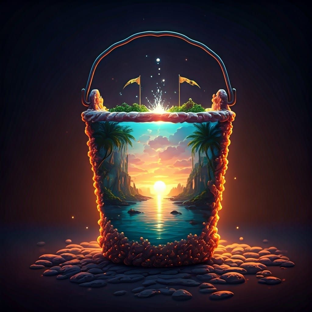 Enchanted Bucket in Sunset Hues, Revealing Fantastical World...