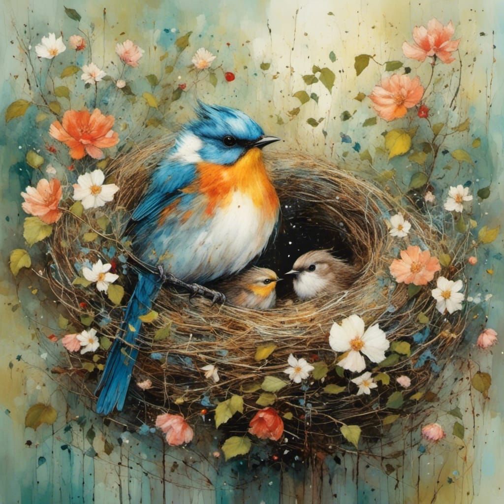 Beautiful bird sits on an artfully built nest in a flowering hedge, by ...