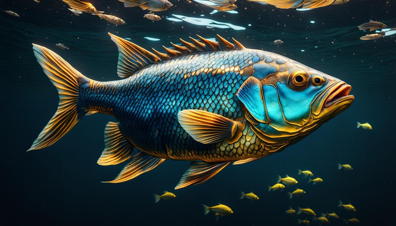 Extremely detailed elaborate  fish swimming up to the oceans...