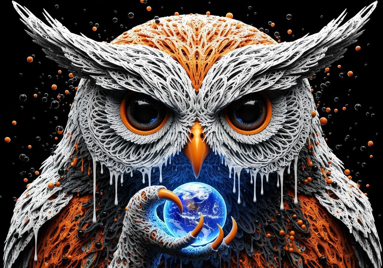 A highly detailed, intricate 3D render of an owl's head, created with a filigree-like, layered, and perforated texture. The color palette is...