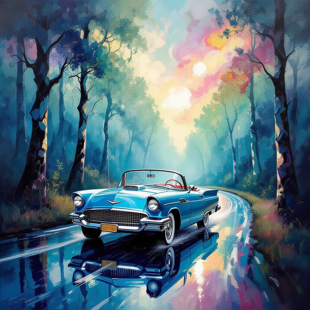 A vintage convertible car driving through a surreal, dreamlike forest where the trees are made of swirling alcohol ink. The water on the roa...