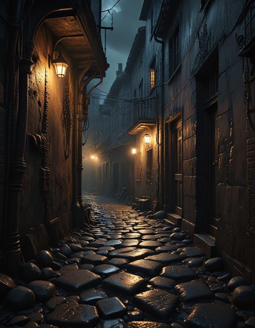 secret tavern entrance in gloomy back alley at night  by @Johm Parede