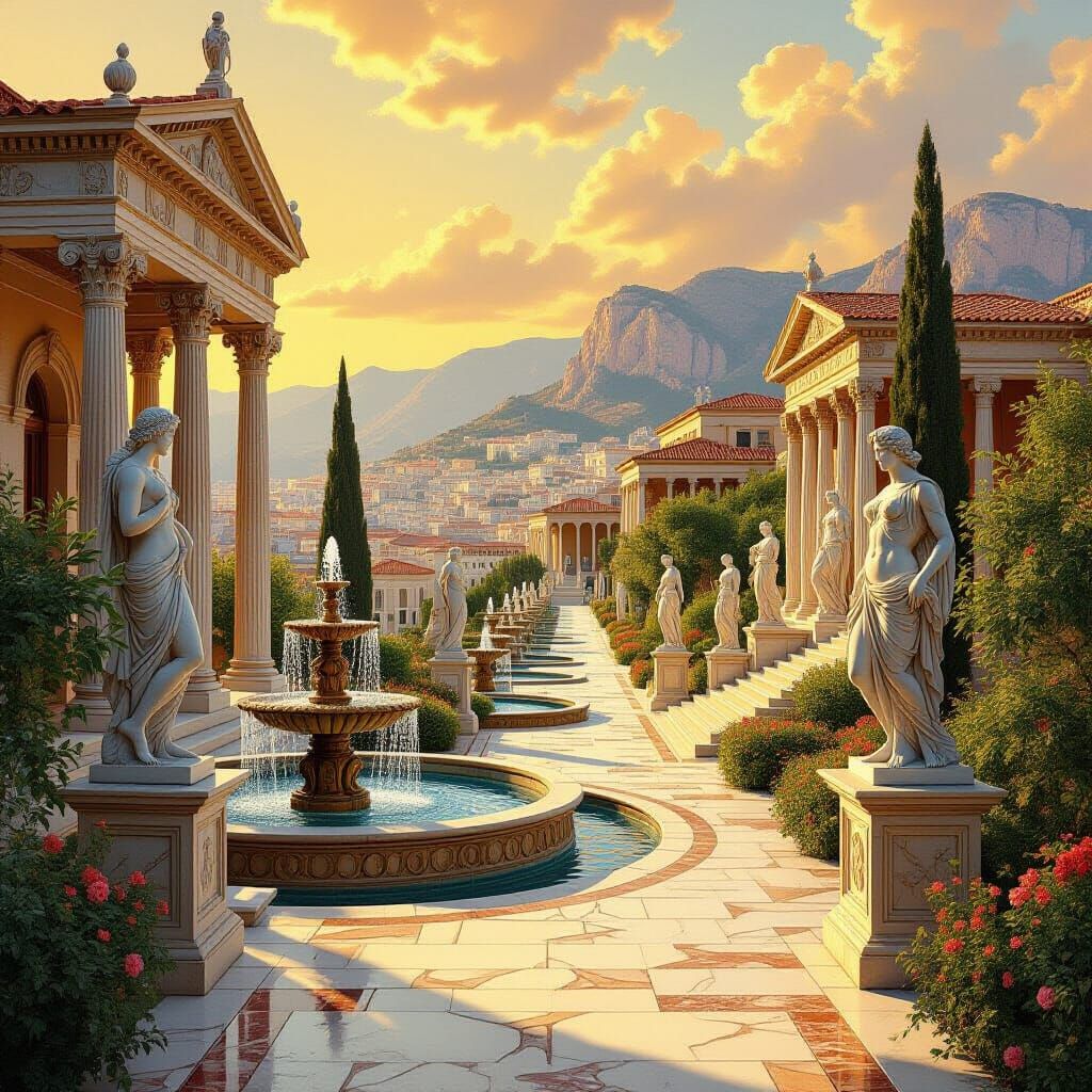 a promenade in an ancient Greek city lined with statuary. Highly detailed fantasy oil painting  by @Ninjineer