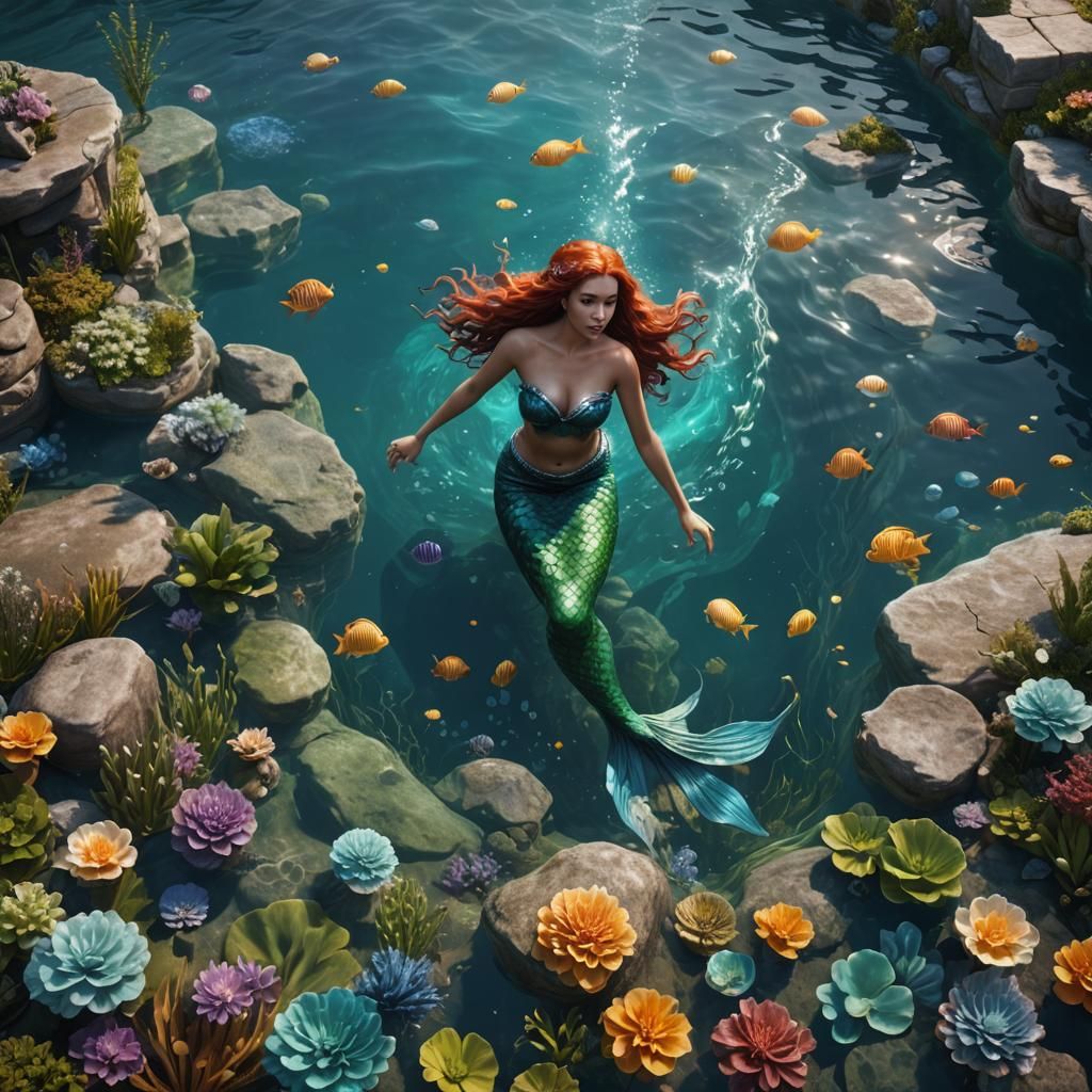 hyperrealistic beautiful mermaid relaxed, flowing pool
