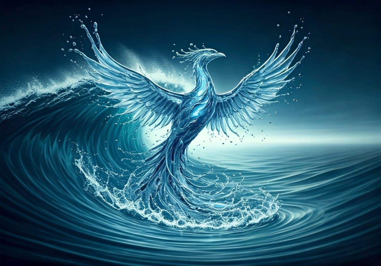 "A phoenix sculpted from pure, translucent water bursts from a swirling ocean vortex. Its wings, fluid ...  by @Kirst
