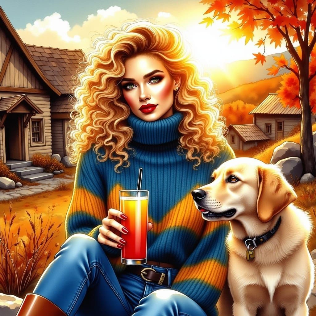 <lora:Alcohol Ink Flux:1.0> "A stunning woman, blond curly hair, make up, red lips, bar, drinking juice , blue and yellow woolen turtleneck...