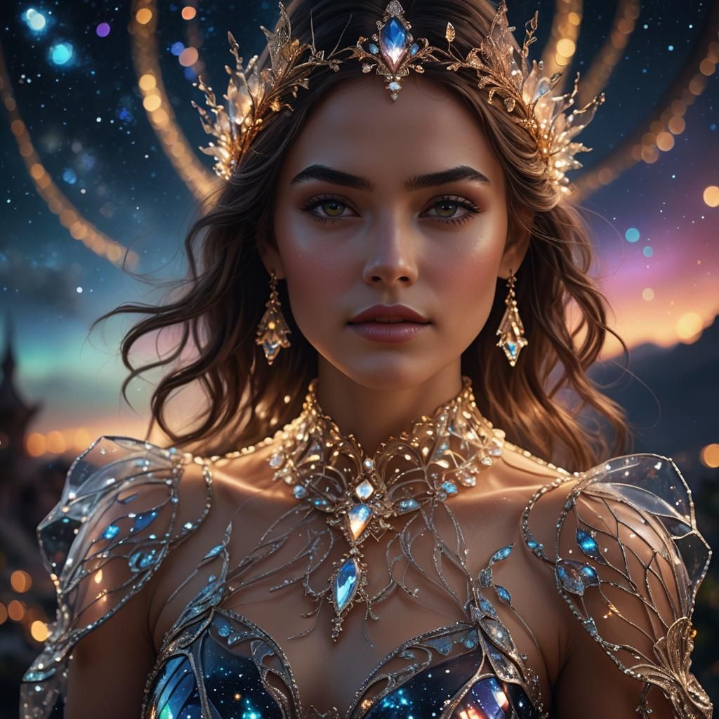 Close up portrait of a beautiful woman wearing an intricate ...