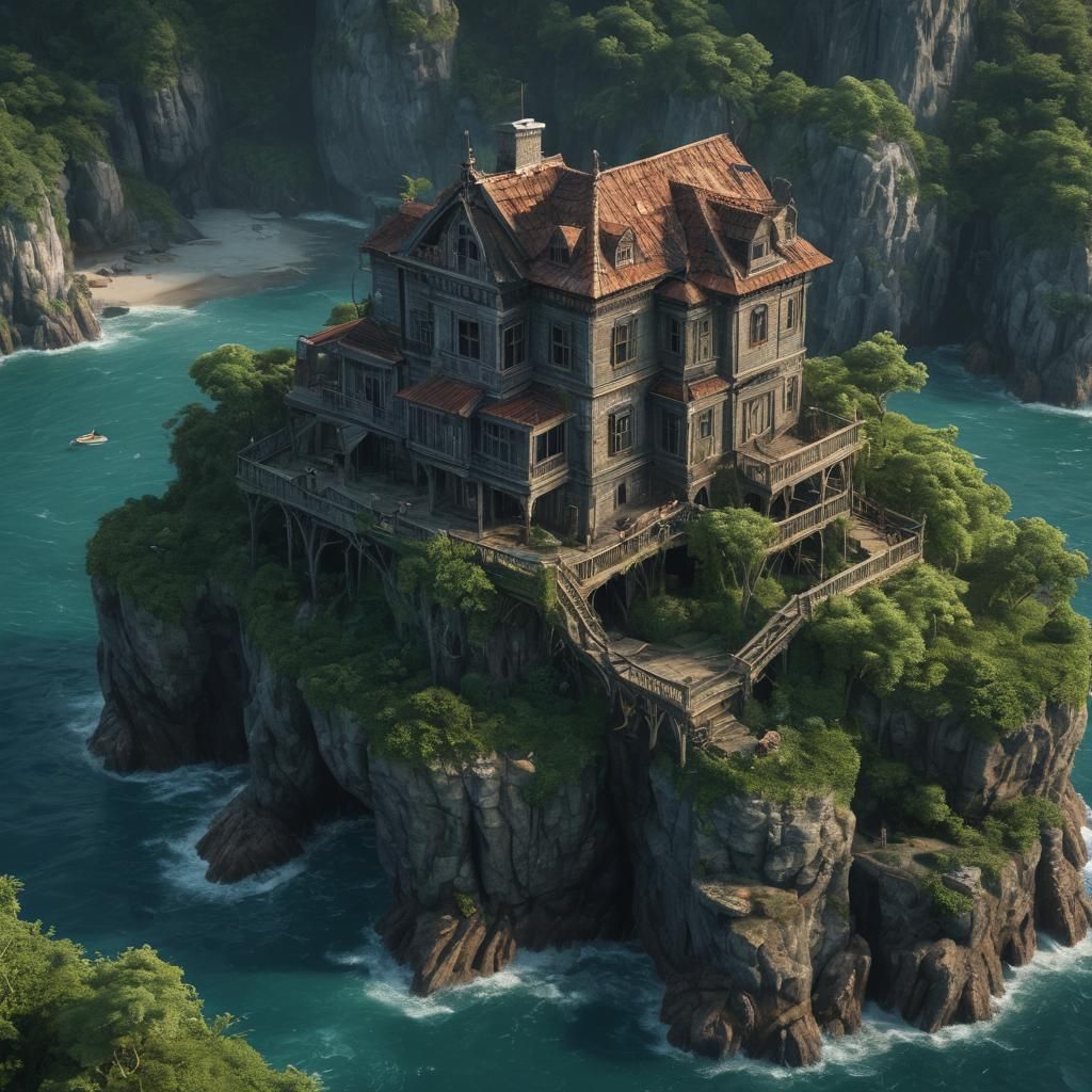 A multi-storey rickety old house on a tiny island in the middle of the ocean. detailed matte painting, deep color, fantastical, intricate de...