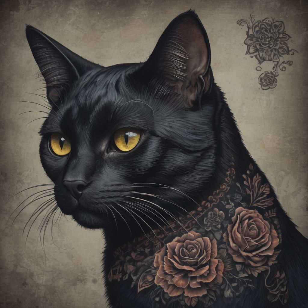 Realistic Black cat in the style of La Dia de los Muertos