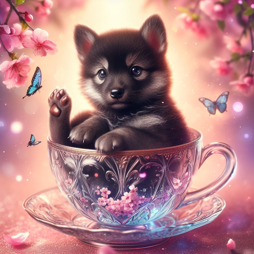 Sweet Black Wolf Cub in Crystal Tea Cup