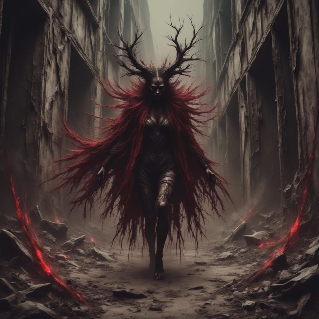 Dark Fantasy Demoness Rampages Through Abandoned Building