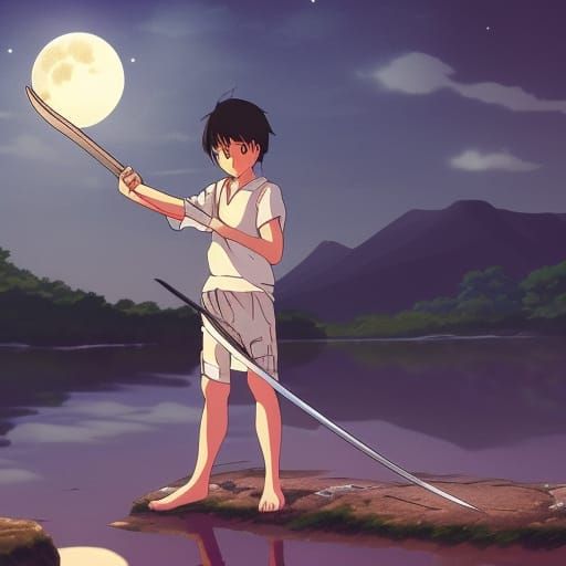 Boy holding sword staring at the moon near a river in japan