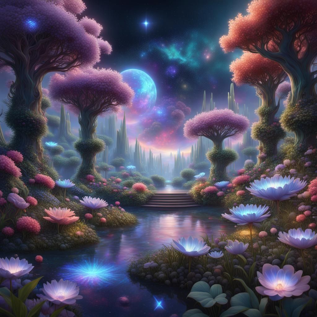 a celestial garden where holographic flowers bloom, emitting...