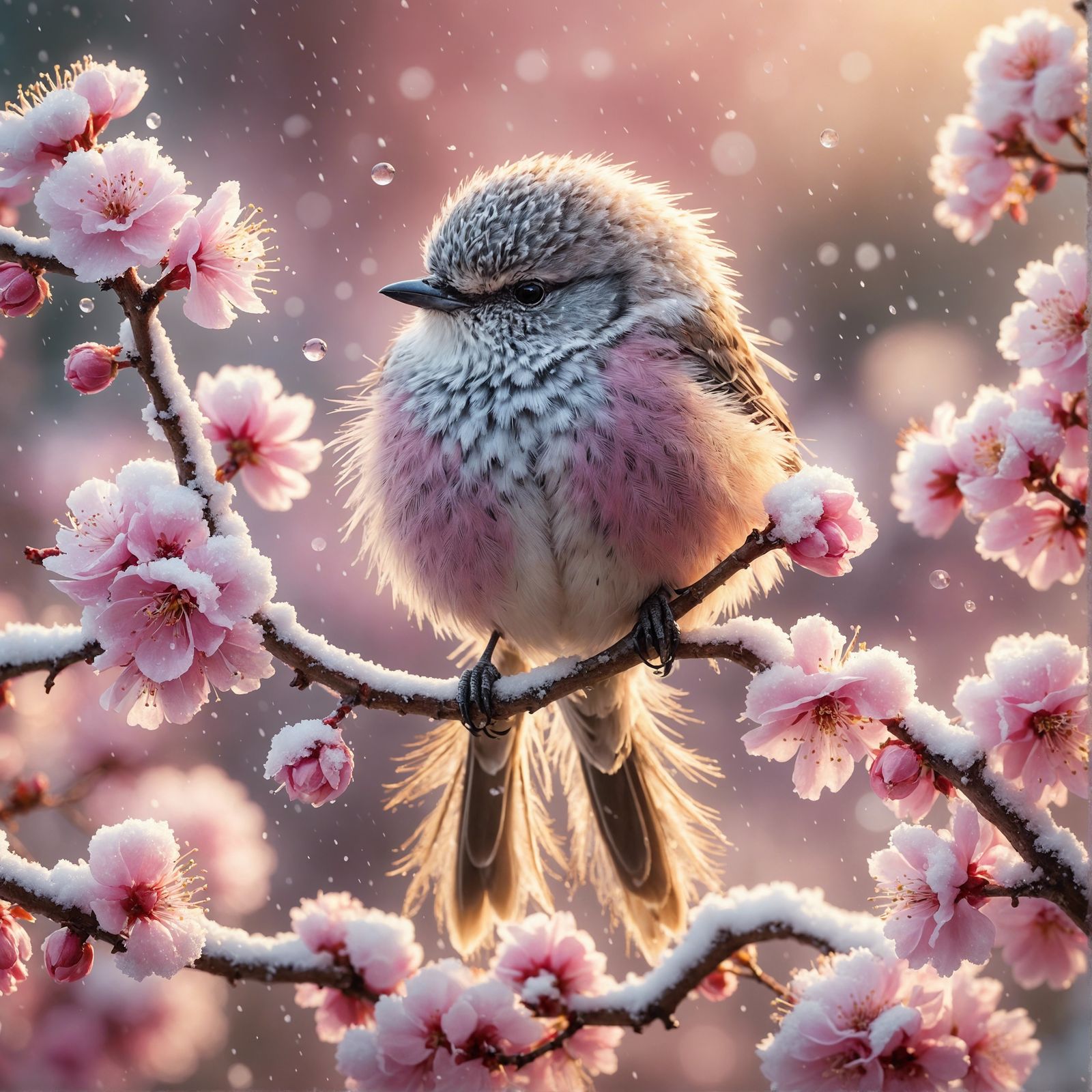 A detailed, realistic bird with fluffy feathers lands on a branch with pink blossoms.  by @Phantazia