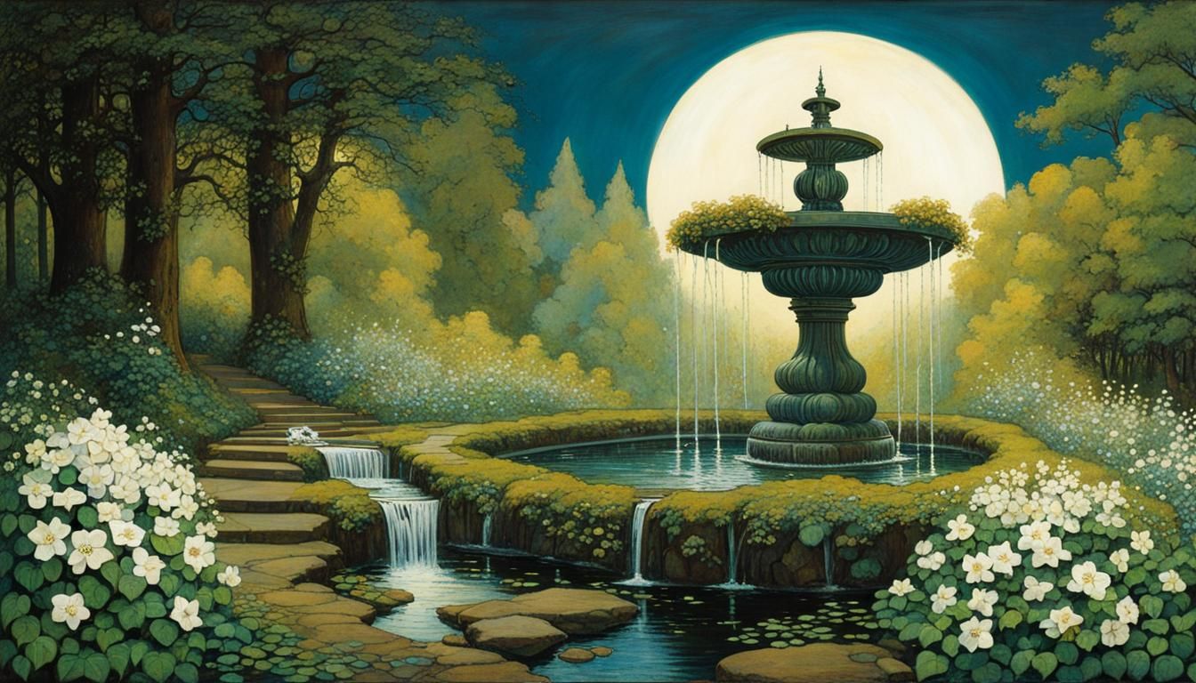 water fountain in the forest with white flowering climbing plants, by Florence Harrison, John Atkinson ...  by @Tina auf der Blumenwiese