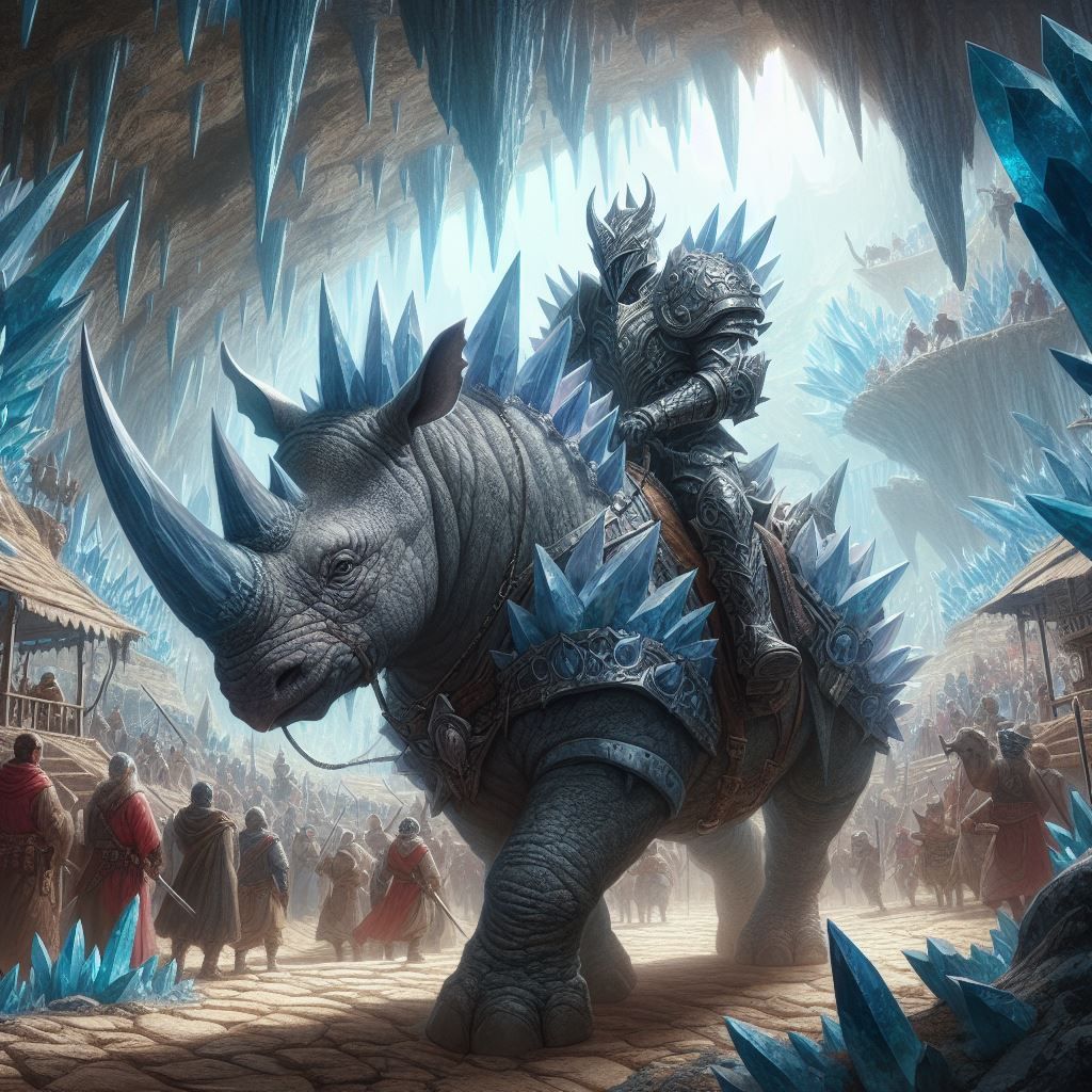 Spiked Warrior riding crystal battle rhino in cave market