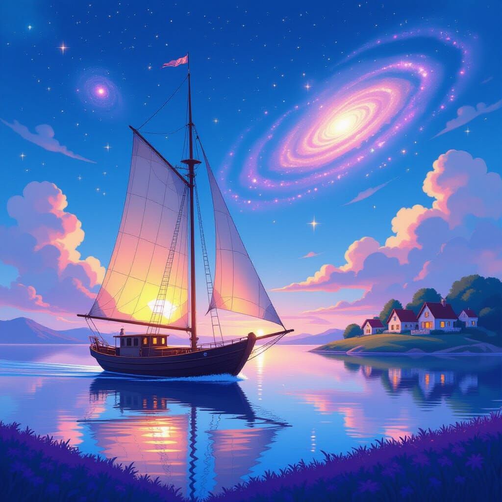 Glass Sailboat Gliding on Lavender Sea in Ghibli Style