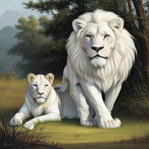 magnificent hunting lion with cubs in the jungle double exposure large moon casting light through the trees portrait