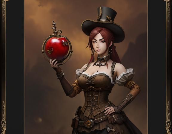a framed sepia photograph of a steampunk anime woman, standi...