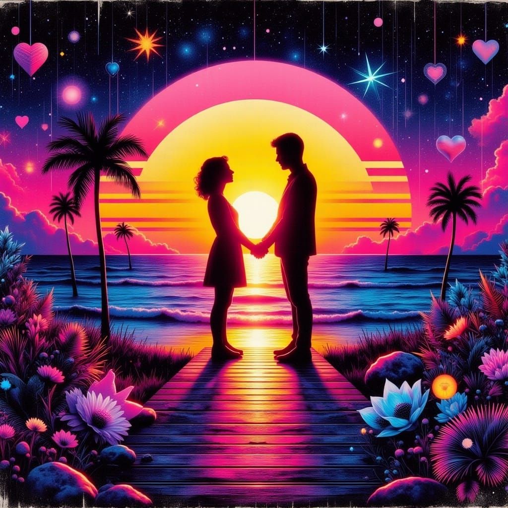 <lora:MixedMedia:1.0> romance neon synthwave sunset and moonlight