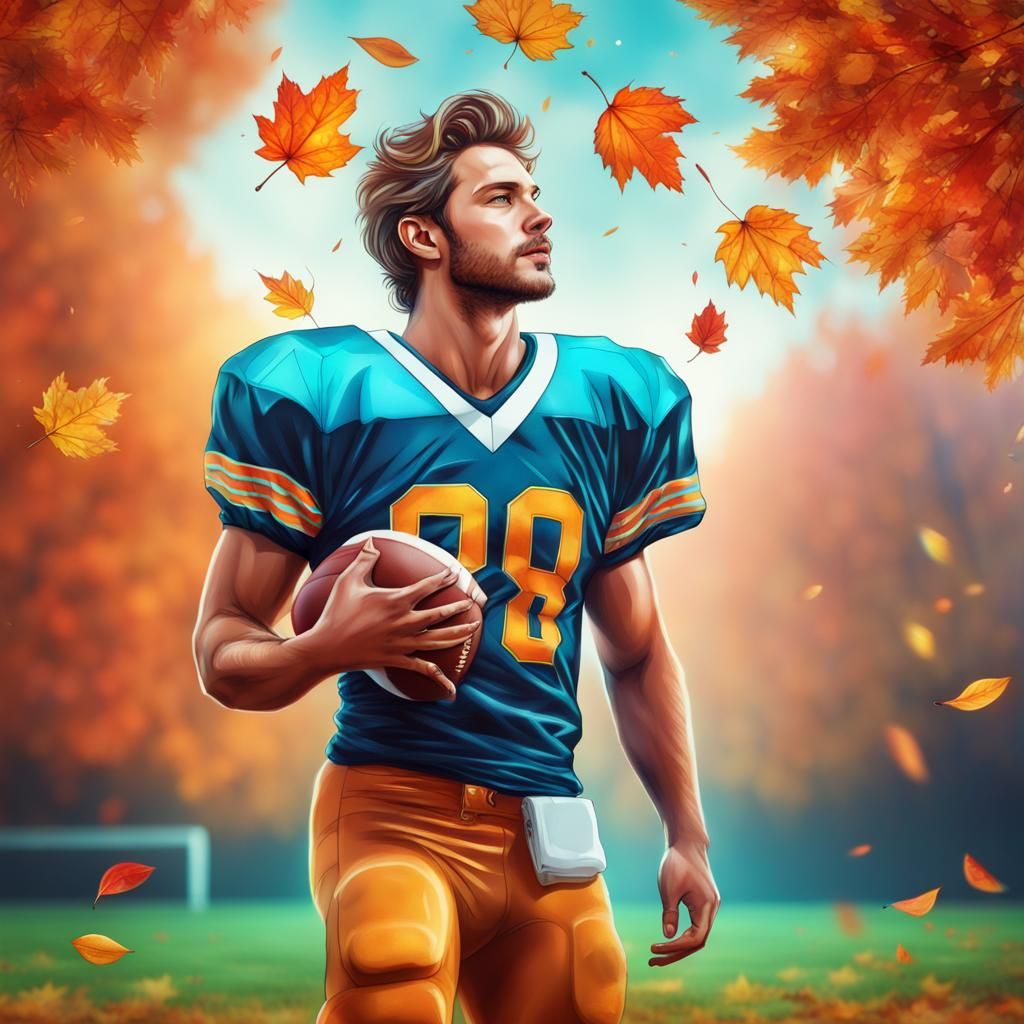 Very handsome guy on a football field holding a football autumn leaves blowing all around crisp air   by @Euphoric Dreams