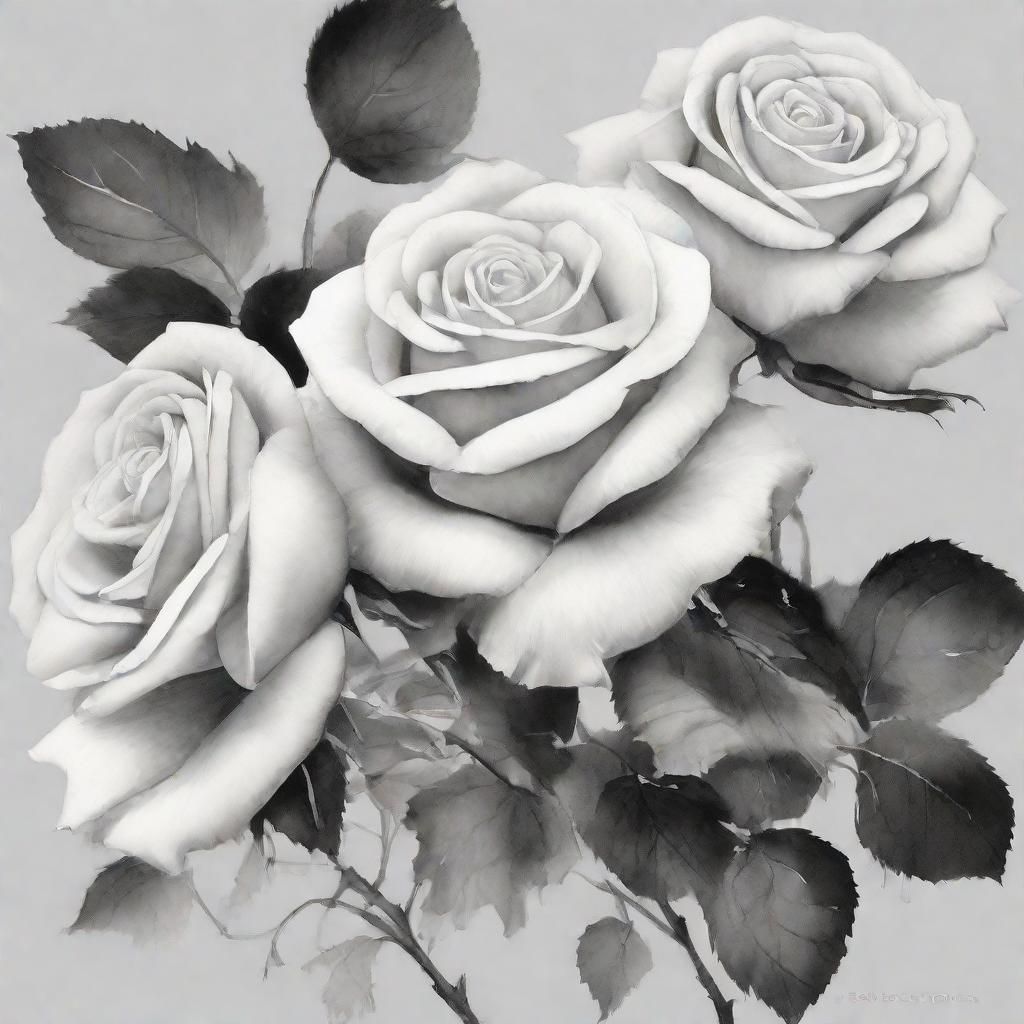 wet sumi-e japanese style paintings, roses
