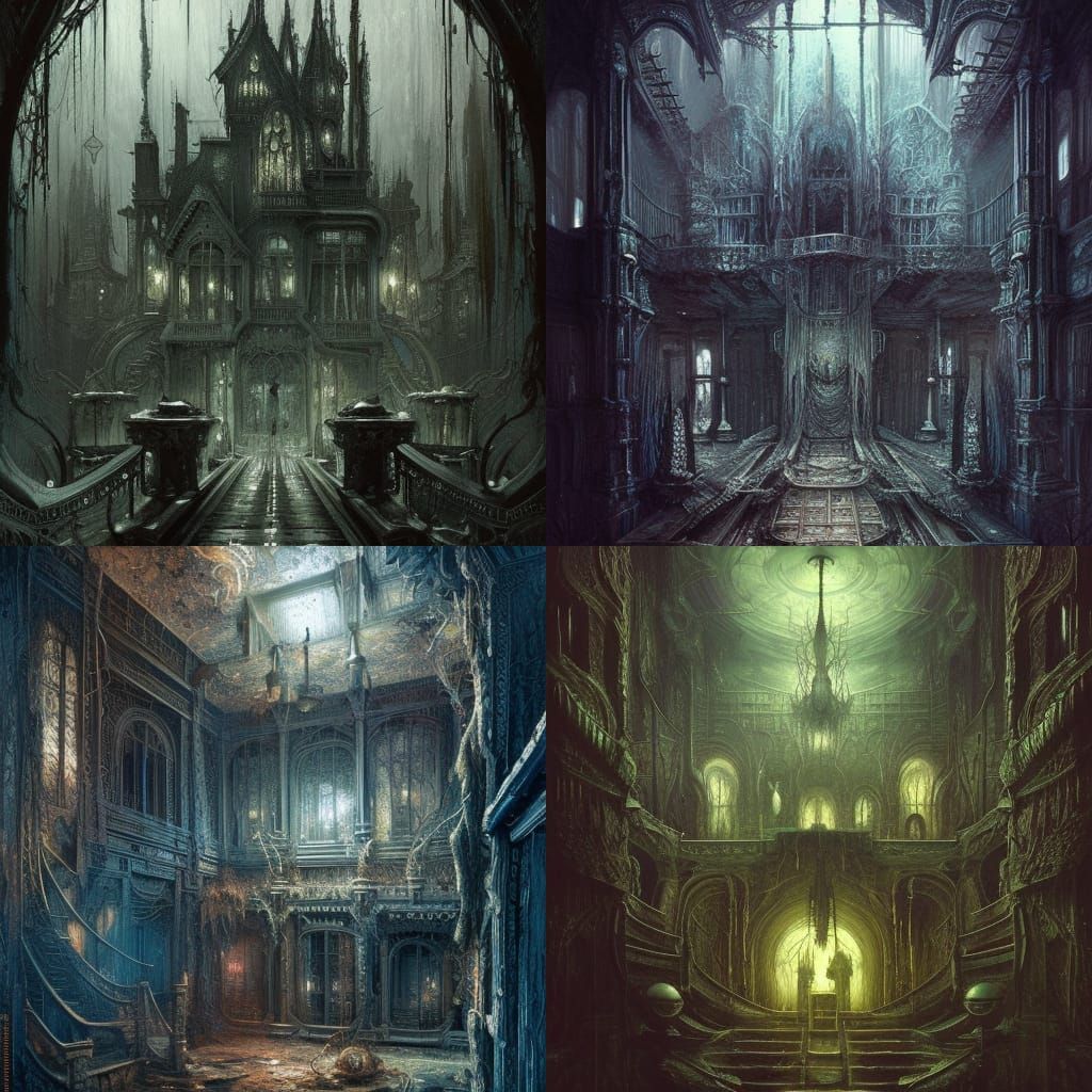 H.R. Giger style H.P. lovecraft hainted mansion !!! Dark Chrome black Ink flow : 8k resolution photorealistic masterpiec...