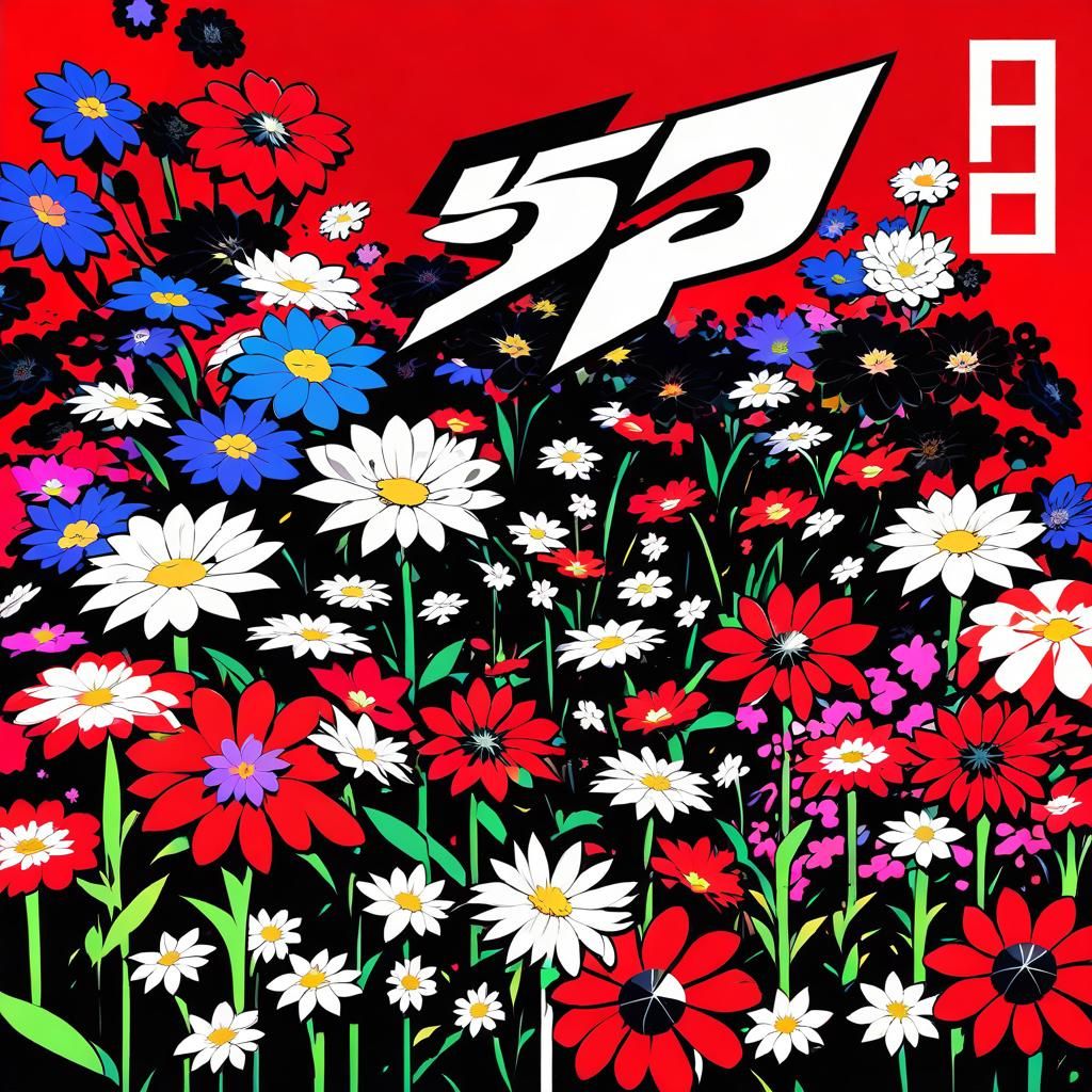 A digital garden of many colorful flowers on a red digital b...
