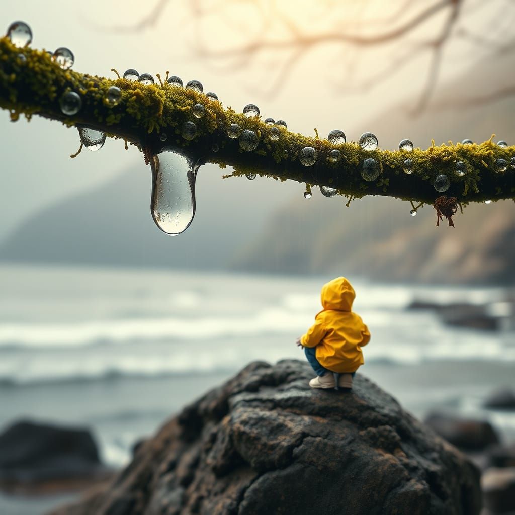 Magical Raindrop Reveals Boy by Ocean