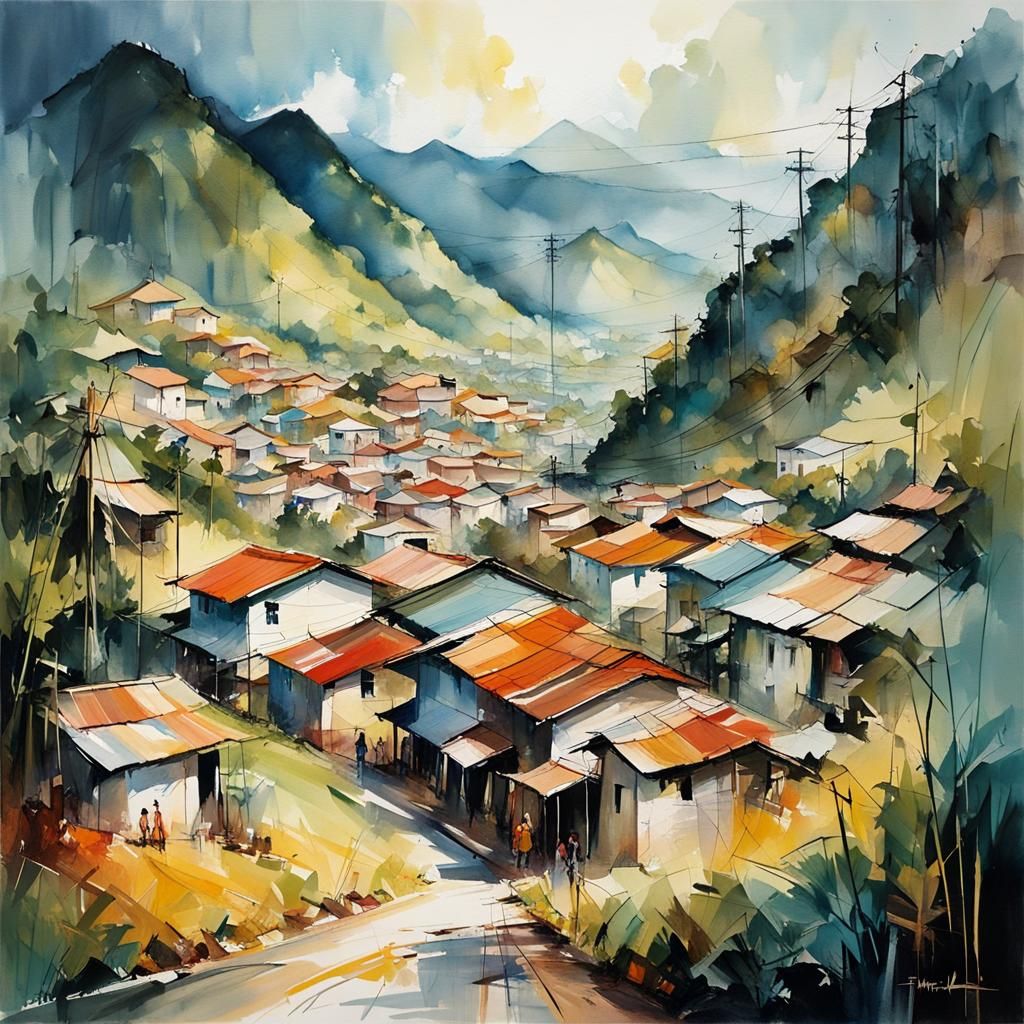 A painting of a streetview of a rural town in the foothills ...